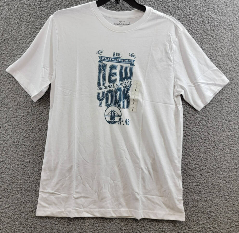 Weatherproof Vintage New York Logo T-Shirt Men's L White Crew Neck Short Sleeve