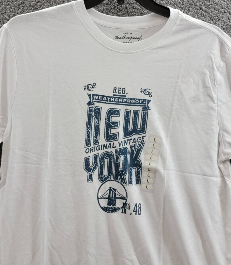 Weatherproof Vintage New York Logo T-Shirt Men's L White Crew Neck Short Sleeve