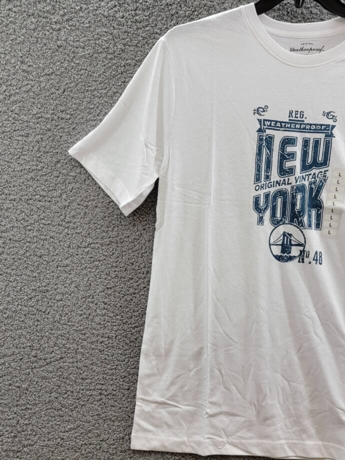 Weatherproof Vintage New York Logo T-Shirt Men's L White Crew Neck Short Sleeve