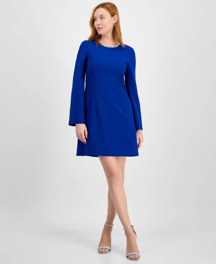 Tahari ASL Rhinestone Trim Shift Dress Women's 10 Cobalt Long Sleeve Zip/Button
