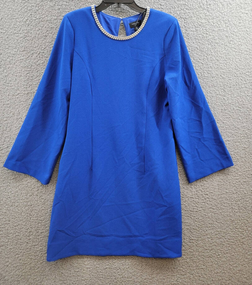 Tahari ASL Rhinestone Trim Shift Dress Women's 10 Cobalt Long Sleeve Zip/Button
