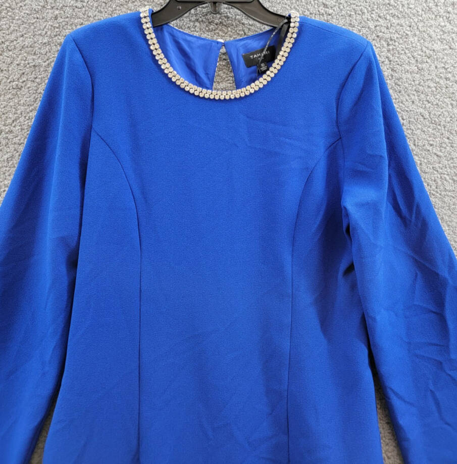 Tahari ASL Rhinestone Trim Shift Dress Women's 10 Cobalt Long Sleeve Zip/Button