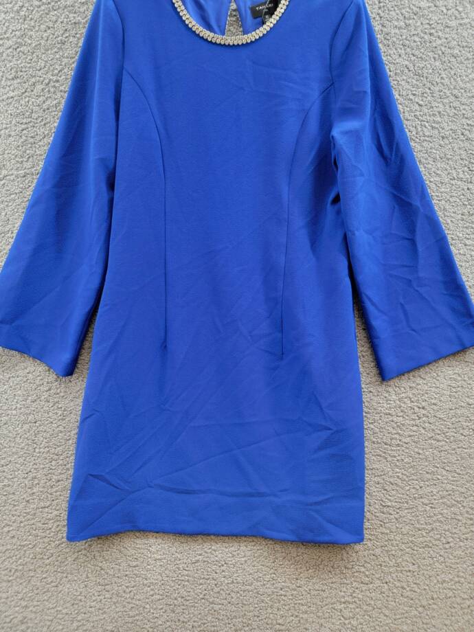 Tahari ASL Rhinestone Trim Shift Dress Women's 10 Cobalt Long Sleeve Zip/Button