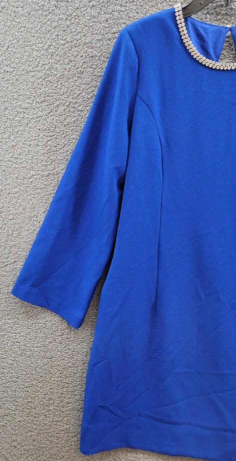 Tahari ASL Rhinestone Trim Shift Dress Women's 10 Cobalt Long Sleeve Zip/Button