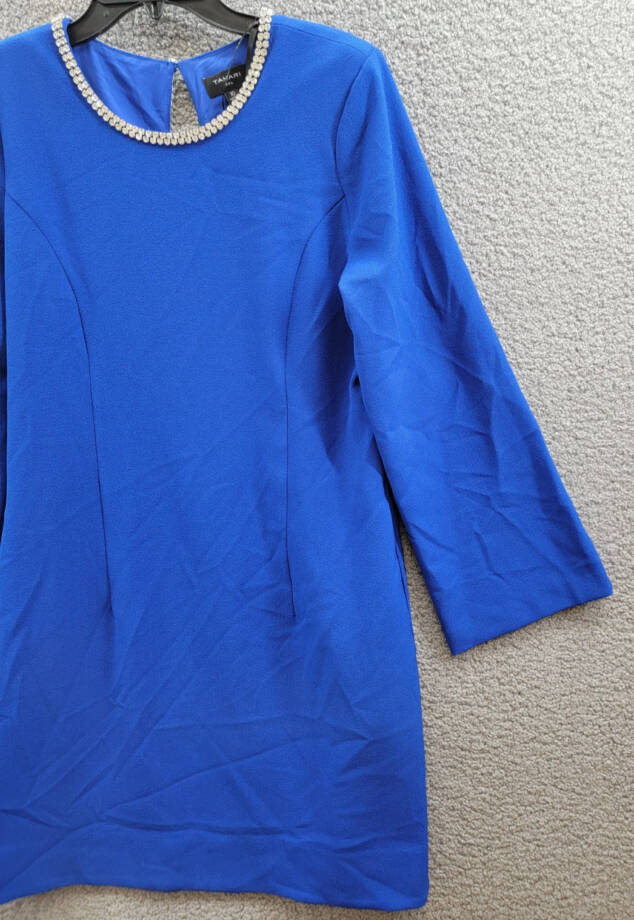 Tahari ASL Rhinestone Trim Shift Dress Women's 10 Cobalt Long Sleeve Zip/Button