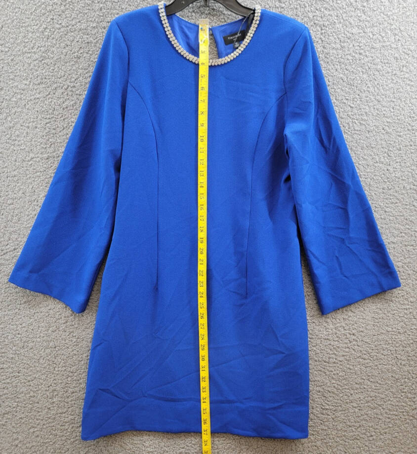 Tahari ASL Rhinestone Trim Shift Dress Women's 10 Cobalt Long Sleeve Zip/Button