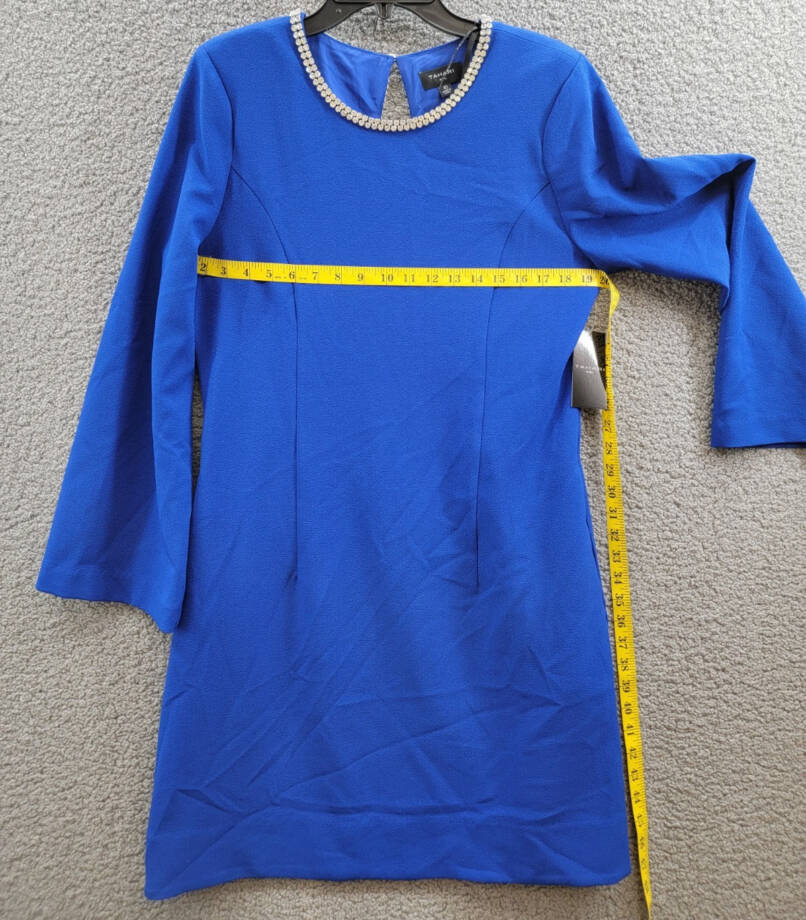 Tahari ASL Rhinestone Trim Shift Dress Women's 10 Cobalt Long Sleeve Zip/Button