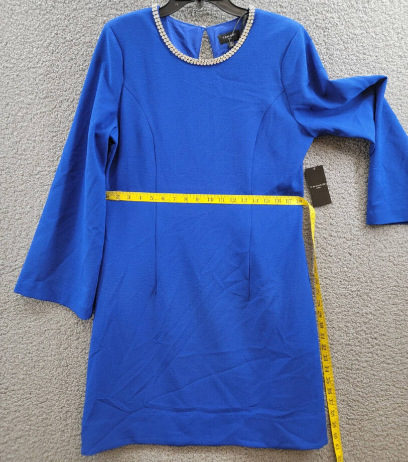 Tahari ASL Rhinestone Trim Shift Dress Women's 10 Cobalt Long Sleeve Zip/Button
