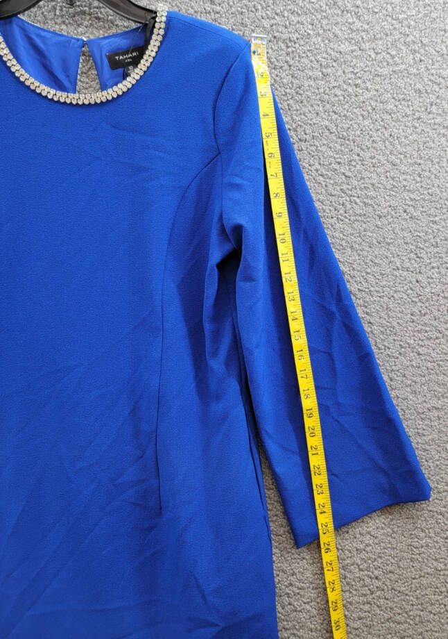 Tahari ASL Rhinestone Trim Shift Dress Women's 10 Cobalt Long Sleeve Zip/Button