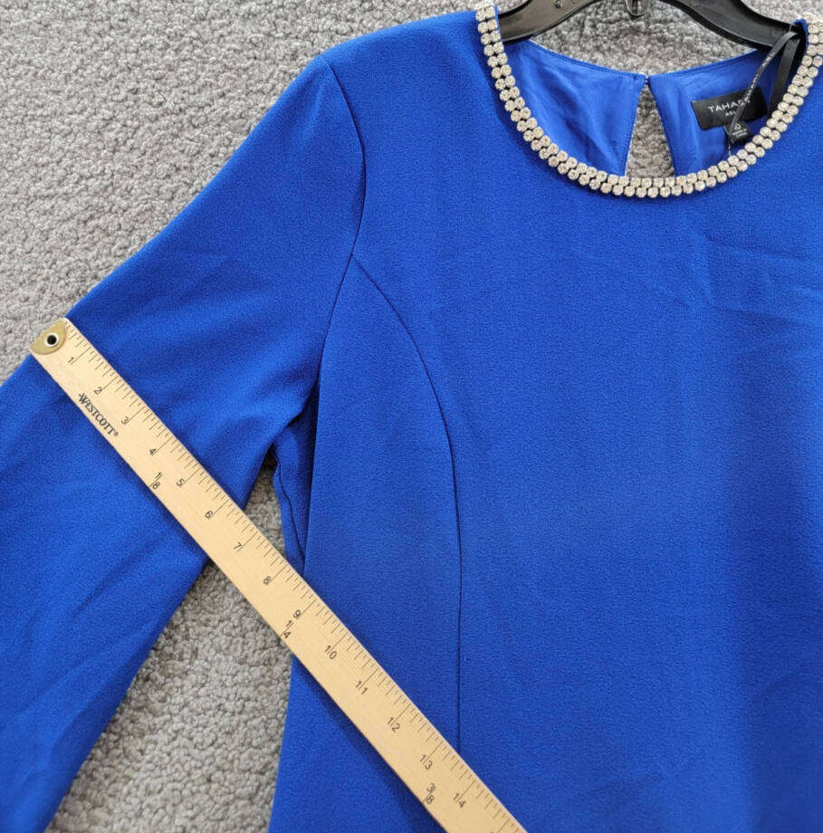 Tahari ASL Rhinestone Trim Shift Dress Women's 10 Cobalt Long Sleeve Zip/Button