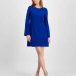 Tahari ASL Rhinestone Trim Shift Dress Women's 2 Cobalt Long Sleeve Zip/Button