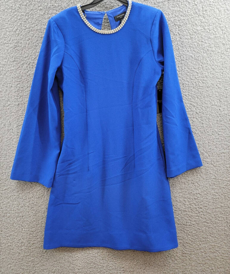 Tahari ASL Rhinestone Trim Shift Dress Women's 2 Cobalt Long Sleeve Zip/Button
