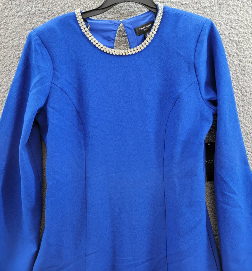 Tahari ASL Rhinestone Trim Shift Dress Women's 2 Cobalt Long Sleeve Zip/Button