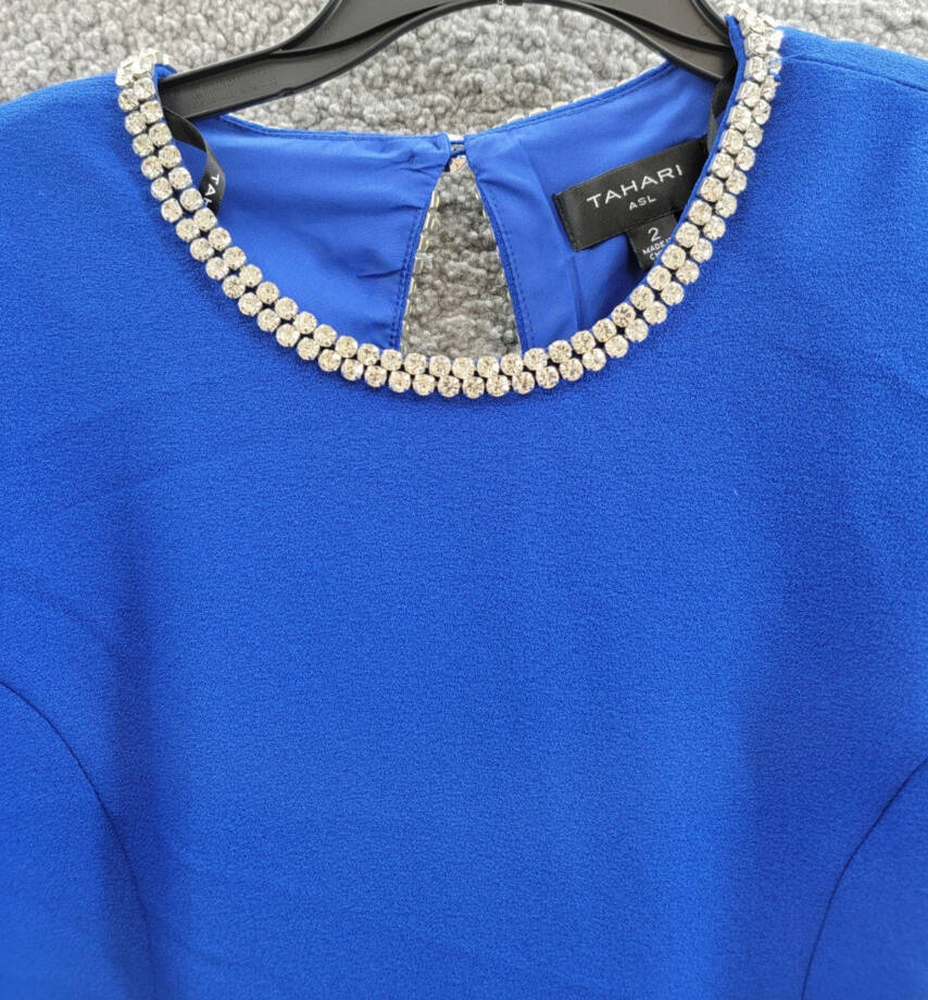Tahari ASL Rhinestone Trim Shift Dress Women's 2 Cobalt Long Sleeve Zip/Button