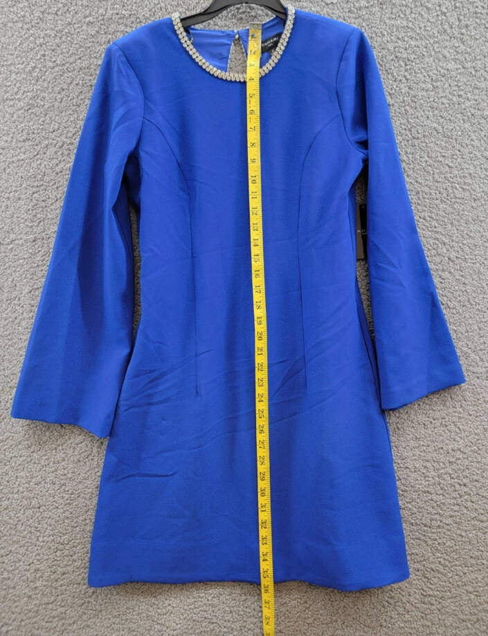Tahari ASL Rhinestone Trim Shift Dress Women's 2 Cobalt Long Sleeve Zip/Button