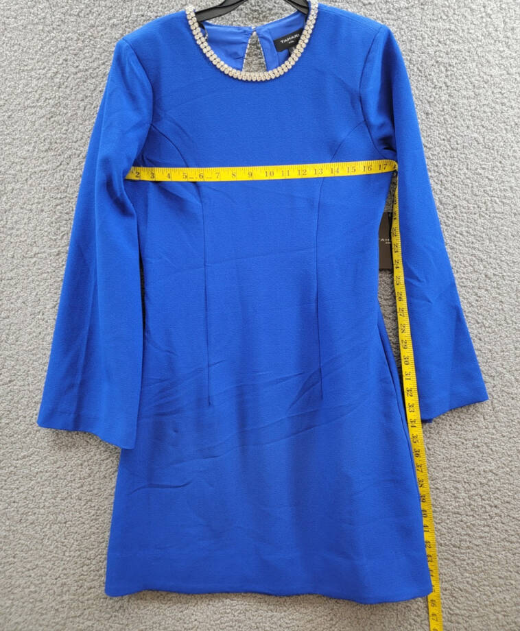 Tahari ASL Rhinestone Trim Shift Dress Women's 2 Cobalt Long Sleeve Zip/Button