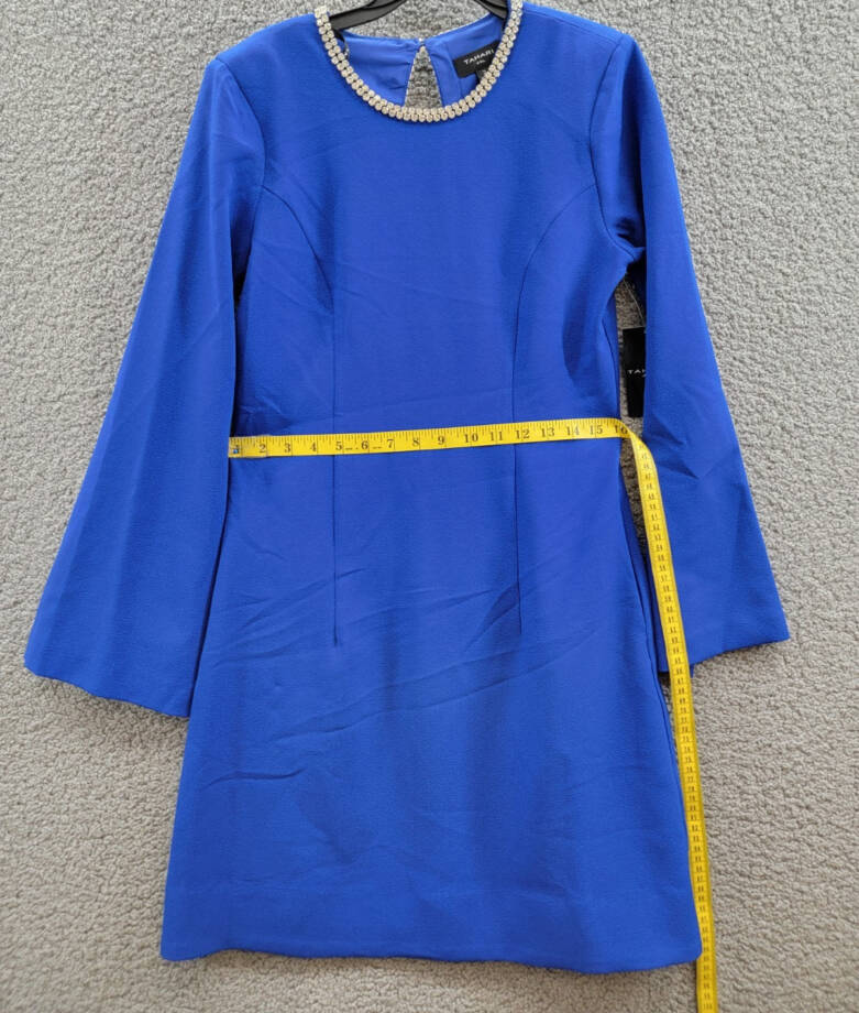 Tahari ASL Rhinestone Trim Shift Dress Women's 2 Cobalt Long Sleeve Zip/Button