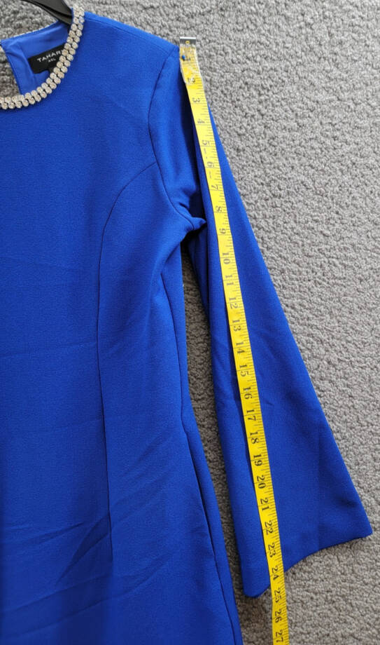 Tahari ASL Rhinestone Trim Shift Dress Women's 2 Cobalt Long Sleeve Zip/Button