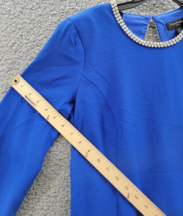Tahari ASL Rhinestone Trim Shift Dress Women's 2 Cobalt Long Sleeve Zip/Button