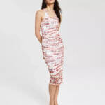 Bar III Tie-Dyed Midi Dress Womens M Red Canyon Combo Ruched Scoop Neck Pullover