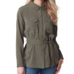 Jessica Simpson Jessa Button Front Tie Safari Jacket Women's S Olive Long Sleeve