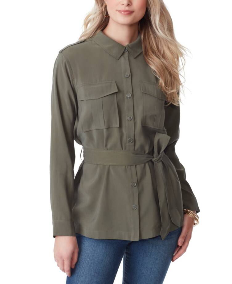 Jessica Simpson Jessa Button Front Tie Safari Jacket Women's S Olive Long Sleeve