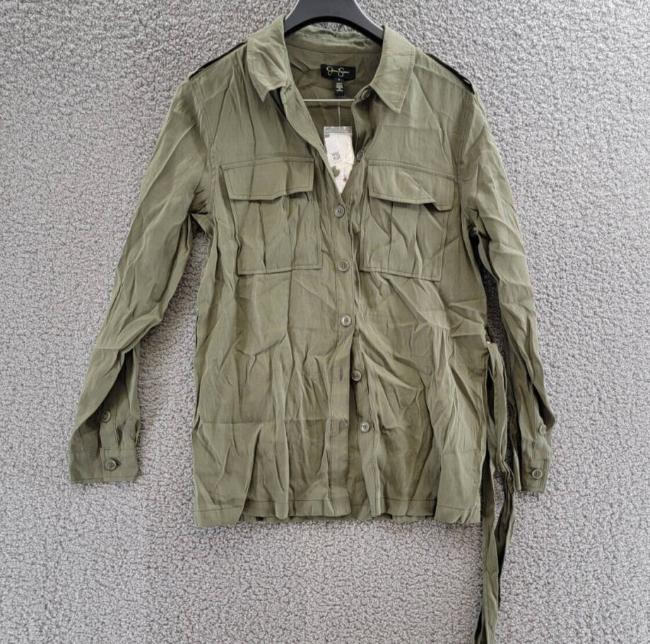 Jessica Simpson Jessa Button Front Tie Safari Jacket Women's S Olive Long Sleeve