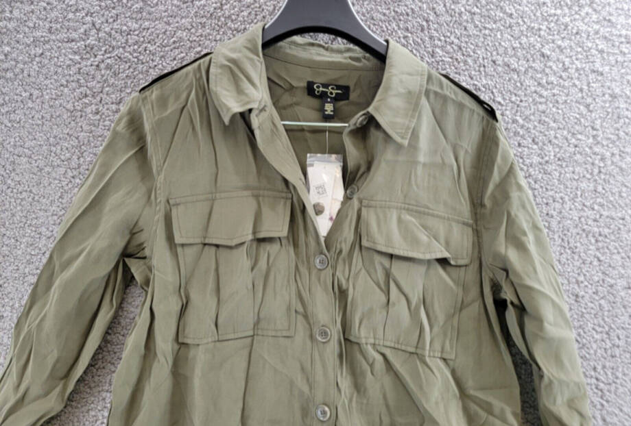 Jessica Simpson Jessa Button Front Tie Safari Jacket Women's S Olive Long Sleeve