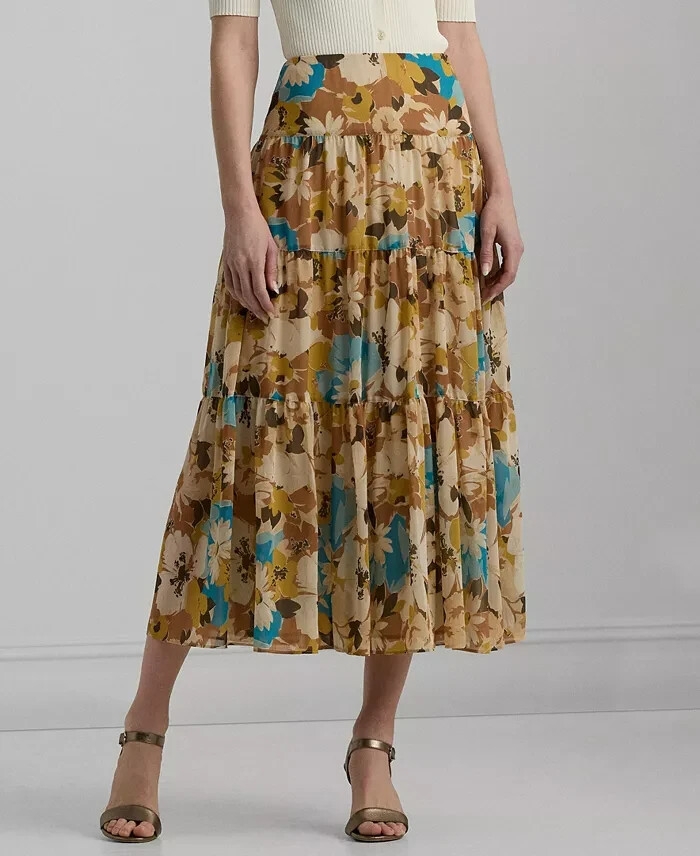 Lauren Ralph Lauren Floral Tiered A-Line Skirt Women's 2 Multi Side Zip Closure