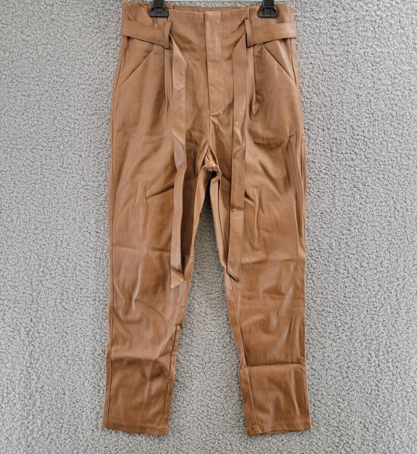 Lucy Paris Faux Leather Paperbag-Waist Pants Women's S Cognac Zip Front Closure