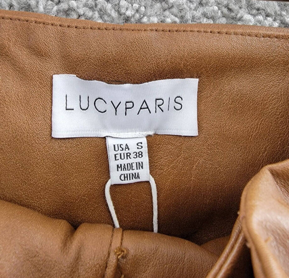 Lucy Paris Faux Leather Paperbag-Waist Pants Women's S Cognac Zip Front Closure