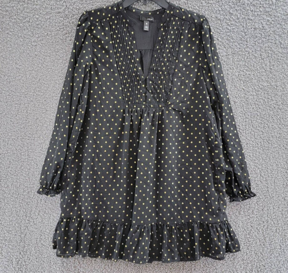 AQUA Metallic Star Shift Dress Women's M Black/Gold Split Neck Button Front L/S