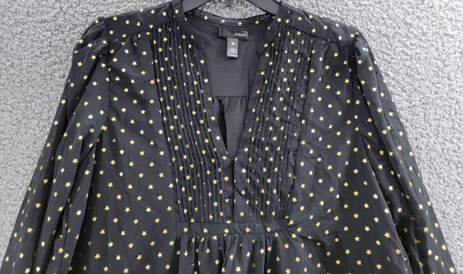 AQUA Metallic Star Shift Dress Women's M Black/Gold Split Neck Button Front L/S