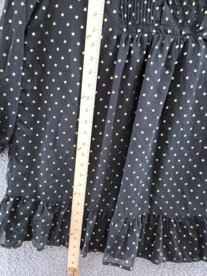 AQUA Metallic Star Shift Dress Women's M Black/Gold Split Neck Button Front L/S