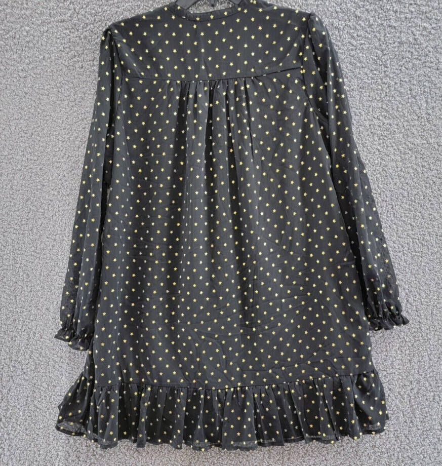 AQUA Metallic Star Shift Dress Women's M Black/Gold Split Neck Button Front L/S