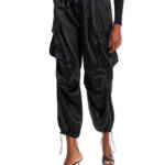 FORE Satin Cargo Pants Women's S Black Solid Elastic Waist Button Zip Closure