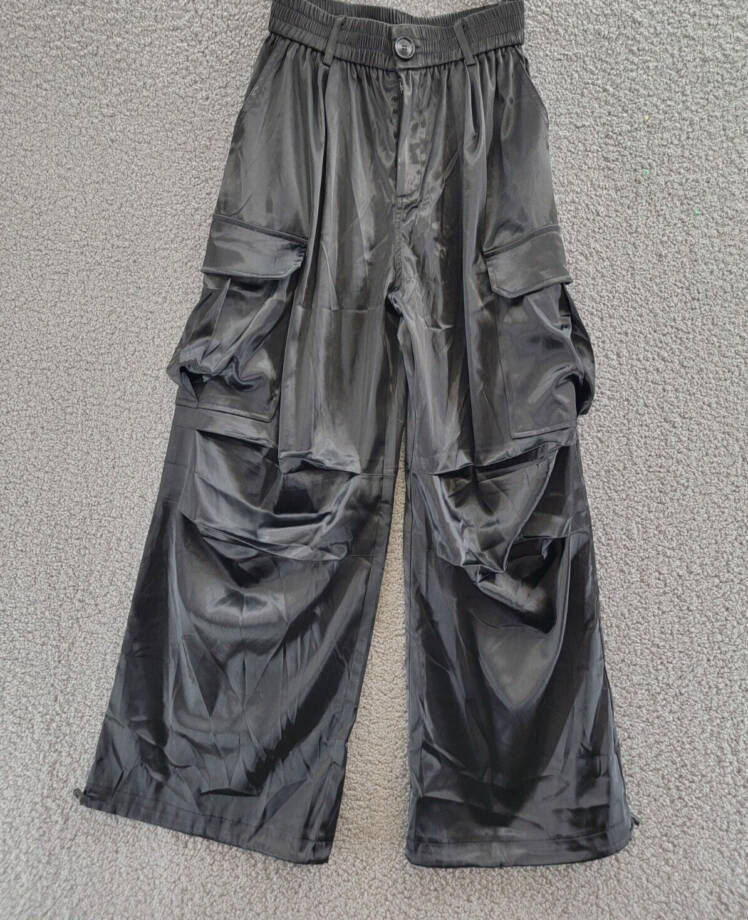 FORE Satin Cargo Pants Women's S Black Solid Elastic Waist Button Zip Closure