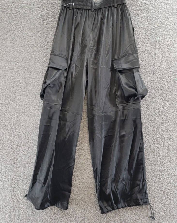 FORE Satin Cargo Pants Women's S Black Solid Elastic Waist Button Zip Closure