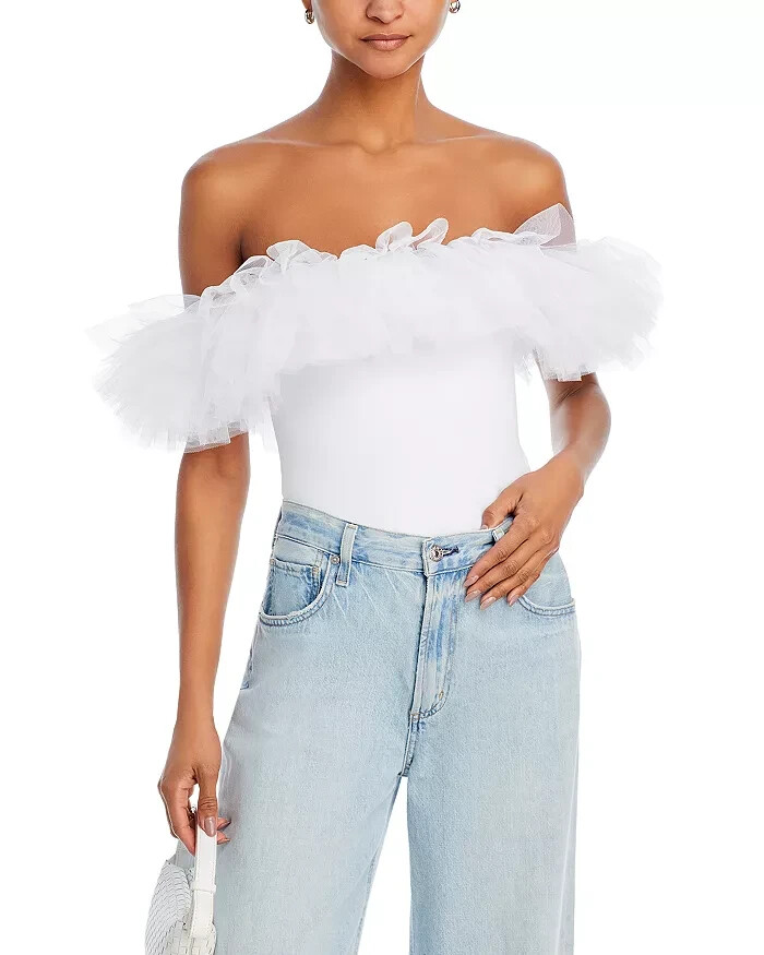 Free People Big Love Bodysuit Top Women's XS White Off Shoulder Snap Gusset