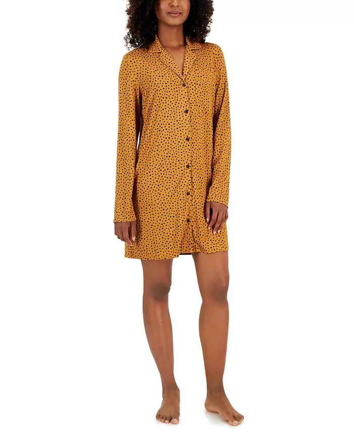 Jenni Notched-Collar Long-Sleeve Sleepshirt Women's M Tiny Heart Button Closure