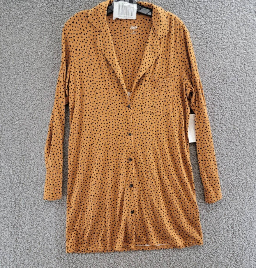 Jenni Notched-Collar Long-Sleeve Sleepshirt Women's M Tiny Heart Button Closure