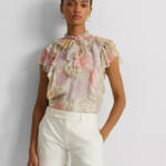 Lauren Ralph Lauren Ruffled Flutter-Sleeve Blouse Women's L White Multi Pullover