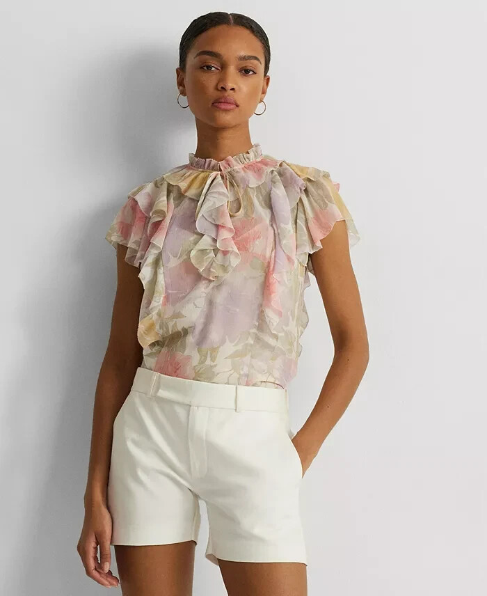 Lauren Ralph Lauren Ruffled Flutter-Sleeve Blouse Women's L White Multi Pullover