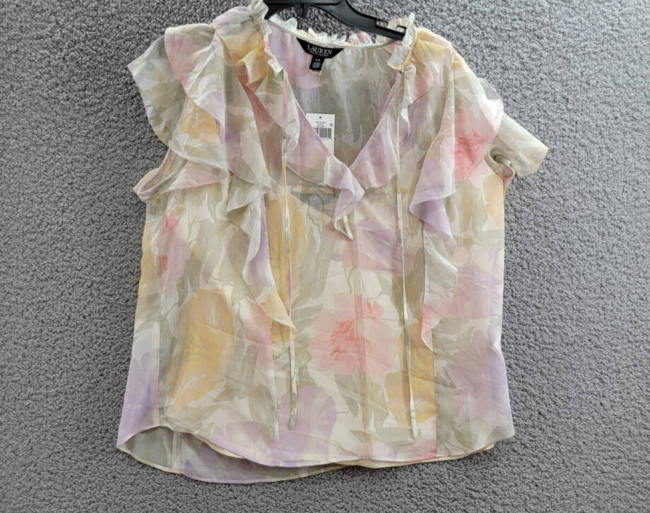 Lauren Ralph Lauren Ruffled Flutter-Sleeve Blouse Women's L White Multi Pullover
