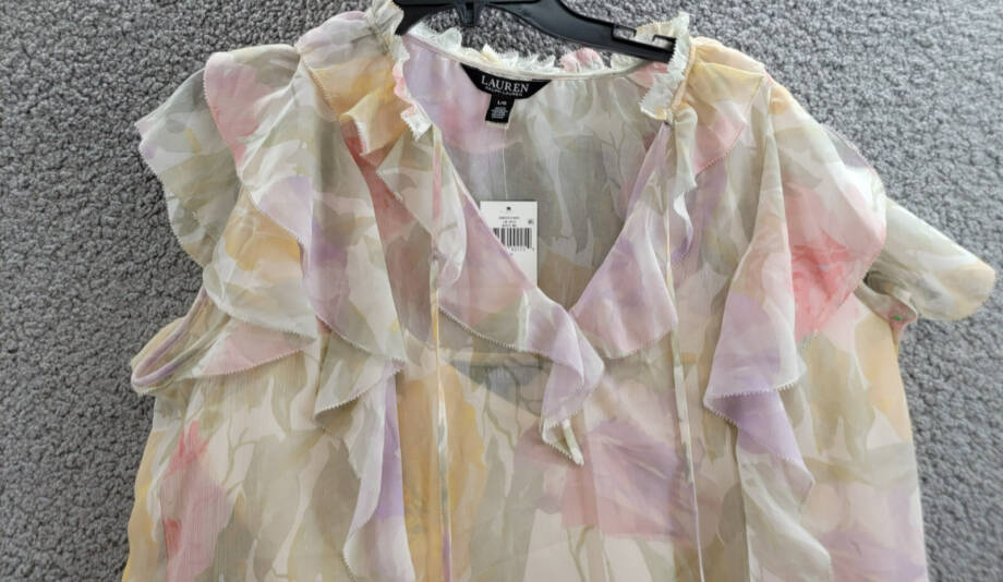 Lauren Ralph Lauren Ruffled Flutter-Sleeve Blouse Women's L White Multi Pullover