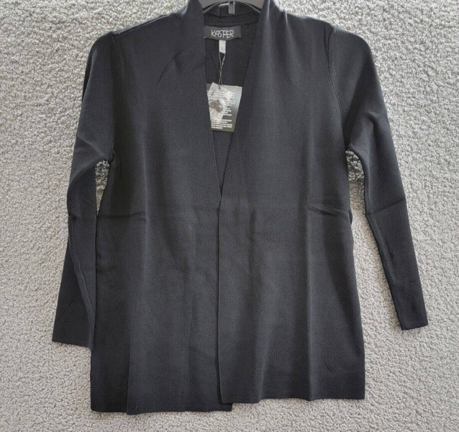 Kasper Open-Front Long-Sleeve Sweater Women's XS Black Solid Pull On Closure