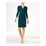 Charter Club Faux-Wrap Dress Women's L Deep Pine Surplice Neck 3/4 Sleeve