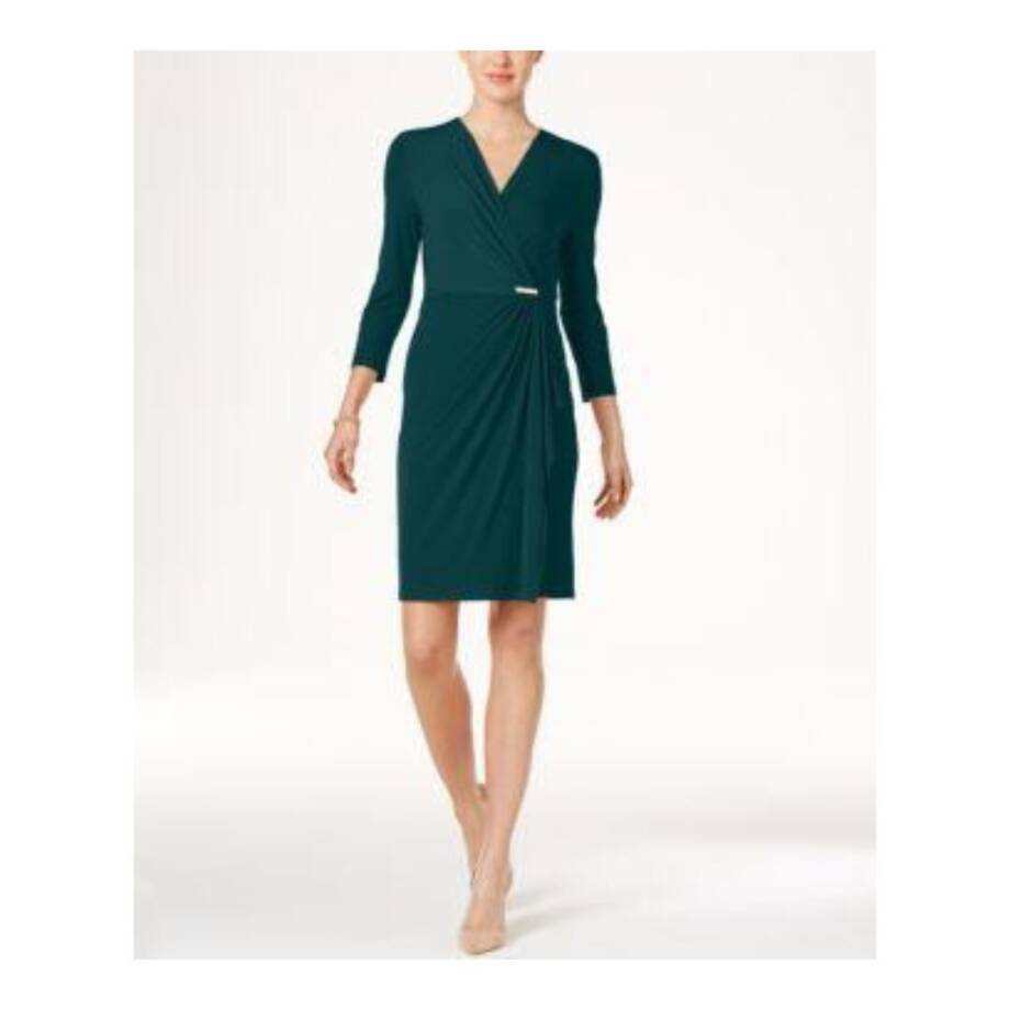 Charter Club Faux-Wrap Dress Women's L Deep Pine Surplice Neck 3/4 Sleeve