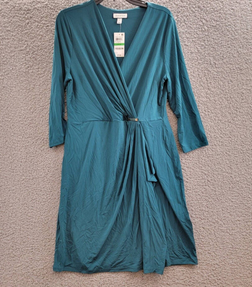 Charter Club Faux-Wrap Dress Women's L Deep Pine Surplice Neck 3/4 Sleeve