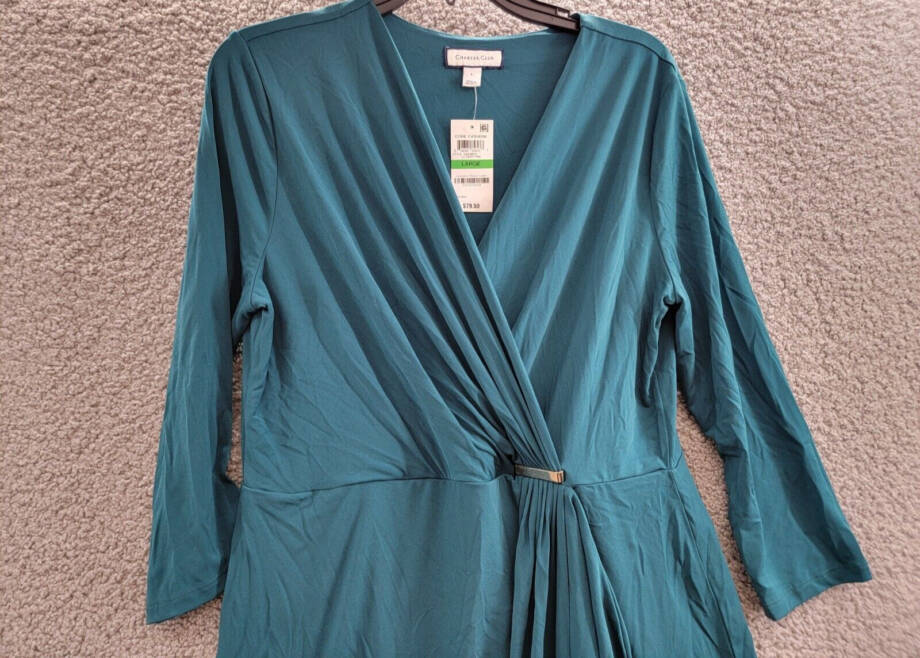 Charter Club Faux-Wrap Dress Women's L Deep Pine Surplice Neck 3/4 Sleeve